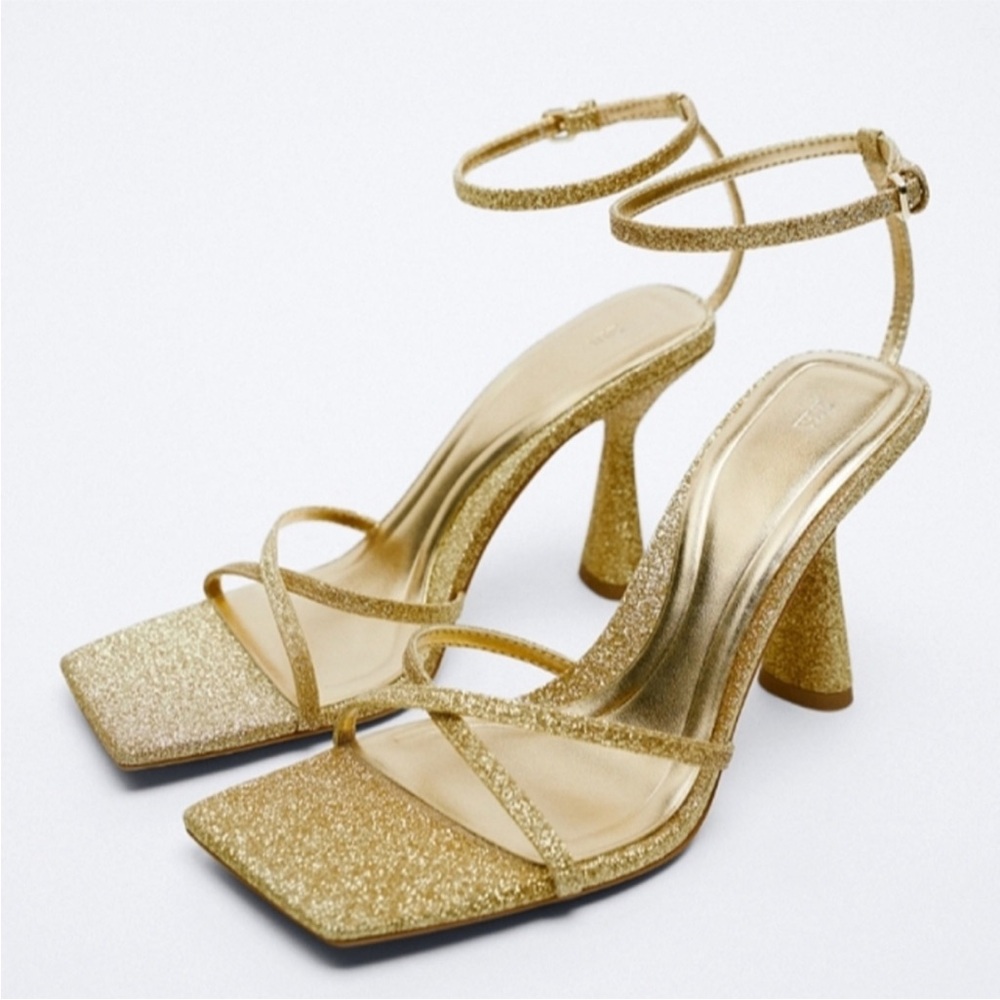 Zara Gold Strappy‎ Glitter Heeled Sandals Size 6